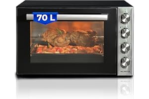 ‎KUMTEL KUMTEL Minibackofen PizzaOfen, 70 Liter XXL, 2000W Turbofunktion 6 Kochmodi, Drehspieß, Innenbeleuchtung, Doppelverglasung, max 230°C, Timer Funktion, Granit-Innenbeschichtung, inkl. Backblech Set