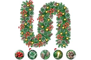 Vothen Guirnalda navideña con iluminación 270cm, Guirnalda de Abeto de PVC con guirnaldas de Luces LED, decoración navideña para Puerta y Chimenea con Flores de Navidad