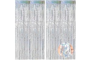 O-KINEE Lameta, srebrne błyszczące zasłony, 2 sztuki, metaliczne zasłony brokatowe, 1 m x 2 m, brokatowa zasłona z frędzlami foliowymi, zasłona na choinkę, urodziny, festiwale, imprezę, dekoracja sceniczna