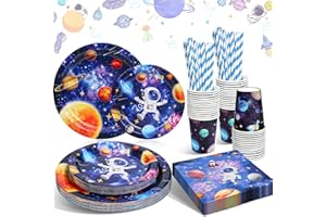 HLEIUKT 100 Stück Weltraum Partygeschirr Set, 20 Gäste Weltraum Partygeschirr Kindergeburtstag, Astronaut Pappteller Kindergeburtstag mit Becher Servietten Trinkhalme für Weltraum Geburtstagsdeko