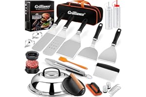 Grilliance 27PCS Spatule Plancha Accessoires pour Hommes, Teppanyaki Grill Set d'ustensiles de Barbecue INOX, Hibachi Smasher Burger Kit Cadeau avec Presse à Hamburger, Cloche Cuisson pour Blackstone