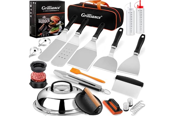 Grilliance 27 st Blackstone Grilltillbehör, platttopp-grillverktyg för lägerkock, Hibachi-spåret, fordonstag, Hamburgarpress, utomhushavrebord