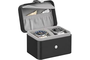 SONGMICS 2-Slot Watch Travel Case, Watch Box for 2 Watches, Pillow with Hidden Storage, Adjustable Divider, Flap Pocket, 10.1 x 12 x 8.5 cm, Gift Idea, Ink Black Surface, Dove Grey Lining JWB029GD01