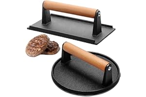 KITYEMO Conjunto versátil de prensa de hamburguesas de hierro fundido: Redonda y Rectangular para Aplastar Carnes de Forma Resistente con Mangos de Madera para Planchas, Sándwiches y Mucho Más