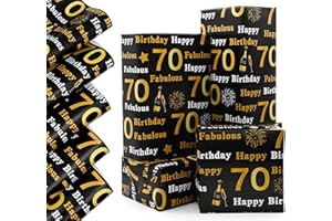 5pcs 50 * 70cm Gold and Black Gift Wrapping Paper Sheets for 70th Birthday,QRTDXP Large 70th Birthday Paper, Eco-friendly Gift Wrap Perfect for Man and Woman