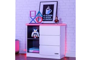 X-Rocker Carbon-Tek 70cm Width, RGB LED Chest of Drawers - Neo Fibre Lighting, 3 Drawer, 2 Open Shelves, Durable Wooden Frame for Kids & Teens - White