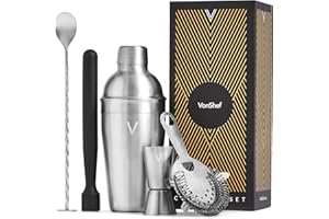 VonShef Cocktail Shaker Set, Silver 5pc Set with 550ml Manhattan Cocktail Shaker, Professional Bartender Set for Home Bar, Including Strainer, Muddler & Other Bar Accessories, Gift Box Included