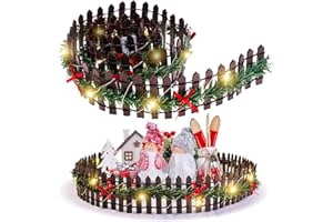 Fancysky Mini Recinzione per Giardino Natalizia 90 x 5 cm, Staccionata in Legno con Luci LED, Accessori per Casa delle Bambole e Giardino in Miniatura, Villaggio di Natale, Decorazioni Natalizie