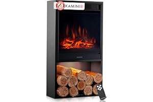 KAMINIO Chimenea eléctrica Hugo - Estufa de Chimenea con calefacción, Efecto Llama 3D, Luz Ambiental LED, Compartimento de Madera, Control Remoto (Negro)