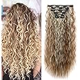 Gairyan Clip in Hair Extensions Curly Wavy Long Hair Pieces 6PCS Full Head Synthetic Hair Extension Thick Natural Look for Women, 20 Inches 140g, Light Brown & Blonde