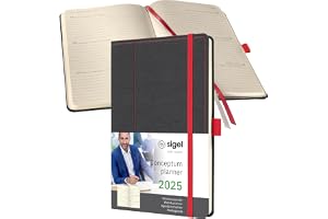 Sigel C2555 Mötesplanerare Veckokalender 2025, Läderlook, Ca A5, Mörkgrå/Röd, Inbunden, 192 Sidor, Resårband, Pennögla, Arkiv