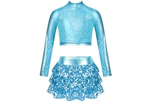 CHICTRY Kids Girls Sequins Jazz Hip Hop Street Dance Crop Top Long Sleeve Mock Neck Athletic Shirts with Ruffle Skirted Shorts