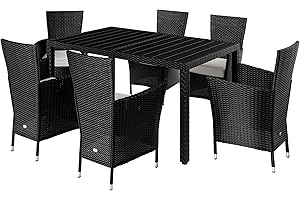 CASARIA® 7 Pcs Venice Garden Furniture Set | 1 Table and 6 Stackable Chairs | With 7cm Thick Cushions | Weatherproof | Poly Rattan | WPC Table Top | Black