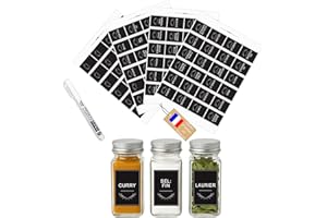 KISTAYLE Étiquettes Épices Français Rectangulaires – 96 Stickers Autocollants Noirs pour Bocaux – Marqueur Blanc Inclus – Cuisine Organisée & Étanche