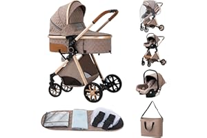 ALYIKOU-poussette 3 en 1，Combinaison pliable poussette 3 in 1，poussette bebe 0 a 3 ans Housse de pluie, sac Mommy, moustiquaire, accessoires de siège, adaptateur universel (LV9 Kaki)