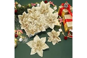 Alupssuc 24 Pieces Artificial Christmas Flowers Decorations Poinsettia Christmas Glitter Wedding Xmas Tree New Year Ornaments with Clip and Stick, Gold