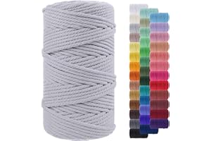LEREATI Corde Macramé 5mm x 100m, Fil Macramé Corde Coton Naturelle, Grosse Ficelle Cordelette 5mm Cordon Macramé pour Macrame Mural, Porte Plante, Bricolage, Décoration Boho (Gris Clair)