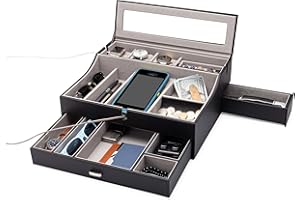 HOUNDSBAY Mens Valet Box Organizer, Large Leather Valet Tray for Men, Mens Valet Tray Organizer with Charging Station, Mens Jewelry Box Organizer for EDC Valet Mens Accessories, Nightstand Bedside Dresser Top