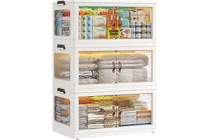 EnHomee Storage Boxes with Lids, 320L 3-Tier Stackable Storage Boxes Large Plastic Storage Drawers with Wheels, Bathroom Storage Drawers, Kitchen Storage & Organisation, Clothes Storage for Bedroom