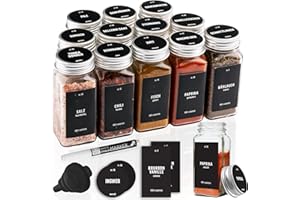 Deco Haus Juego 12 Tarros Especias con Tapa Rosca - Etiquetas, Embudo, Cepillo, Marcador - Va con Nuestros Estantes para Condimentos - Almacenamiento y Dispensador Vidrio Transparente 120ml 10.5x4.3cm