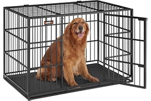 Feandrea Hundekäfig hochbelastbar, Hundebox, 122 x 75 x 80 cm, für große Hunde, mit herausnehmbarer Bodenschale, Doppeltüren, leicht zu reinigen, Haustierkäfig, tintenschwarz PPD006B01