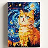 Sayılarla Boyama Tuval Hobi Seti, YILDIZLI GECE TURUNCU KEDİ Temalı Fır&ccedil;a ve Boya Dahil Set (&Ccedil;ıtalı) 40x50 CM, Kendin Yap Say