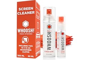 WHOOSH! Screen Shine Duo XL Kit Pulizia Telefono - 30 Ml + 100 Ml Bottiglie Anti-Perdita, 2 Panni Microfibra – Spray Pulizia Schermo Per Laptop, Occhiali E MacBook – Rimozione Impronte