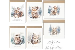 HYGGARTN 36 Weihnachtskarten, Weihnachtskarten mit Umschlag Set, A6 Klappkarten Kraftpapier Umschlag, Frohe Weihnachten Merry Christmas xmas Aquarell Waldtiere Reh Fuchs Hase Eule Eichhörnchen Pinguin