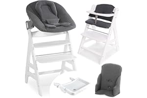 Hauck Seggiolone Pappa in Legno Alpha XXL Set - Seggiolone Legno Evolutivo con Sdraietta Dondolo Neonati, Vassoio, Cuscino e Riduttore - Bianco, Carbone