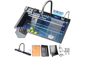 XDXINY Fregadero de cocina negro Fregadero multifuncional Fregadero en cascada de acero inoxidable Fregadero de cocina para estación de trabajo de un solo tazón con grifo con pantalla digital (80x45x22CM)