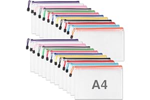 ZOOQUE Bolsa de Archivo de Cremallera,24 Pcs A4 Bolsa de Documentos de Plástico de Impermeable 12 Colores Carpetas de Documentos de Malla para Certificados, Recibos, Oficina,Viaje y Escolar