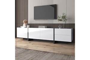 Jaxenor 75 inch TV Stand Cabinet Unit, High Gloss Long TV Unit, Media Unit with Doors, Drawers & Shelves, Modern TV Cabinet for Living Rooms (White), 190Lx35Dx45H cm
