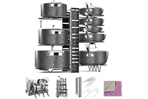 Myiosus Organizador de sartenes, 8 niveles para ollas y sartenes para armario, soportes ajustables para tapas de ollas y organizador de sartenes con 3 métodos de bricolaje