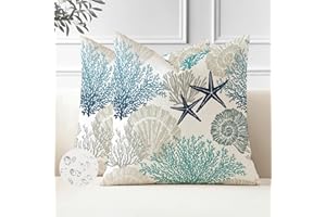 Miuyunya Juego de 2 Funda de Cojines Océano Impermeables Funda de Almohada Decorativo 50 x 50 Estrella de Mar Coral Verano Decorativos para Exterior Sofá Cama Coche Hogar