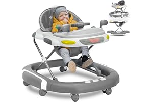 FK SPORTS 2 in 1 Foldable Baby Walker & Rocker - Multifunctional with 4 Adjustable Heights, Removable Feeding Tray, Music & Silent Wheels - Baby Walker for Boys & Girls 6 Months+ (Grey)