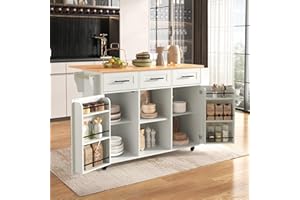 KECDUEY Carrello da cucina, carrello da portata su ruote, grande carrello da pranzo/credenza, in venature in legno massiccio, armadio da cucina con piano di lavoro pieghevole, porta di appoggio, piedini in