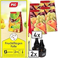 PIC - Fruchtfliegenfalle, Obstfliegenfalle und Essigfliegenfalle - 2 Lockstoffbehälter mit 4 Leimfallen für extra Lange…