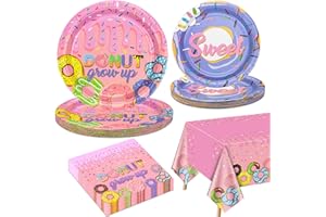 QUERICKY Donut Party Decorations for 20 Guests, Include Donut Grow Up Paper Plates, Sweet Paper Plates, Napkins, Donut Tablecloth for Girls Baby Donut Theme Birthday Party Sweet One Party Decorations