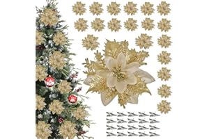 Naturezhen 20 Pezzi Fiori per Albero di Natale con Clip, Fiori Artificiali Natalizi con Glitter, Poinsettia per Decorazioni Natalizie per Ghirlanda e Albero di Natale (Oro)