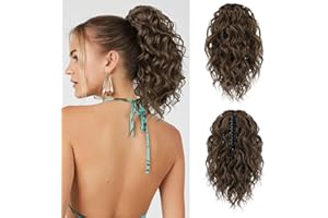 FLUFYMOOZ Ponytail Extension, 12" Short Claw Ponytail Extension Wavy Curly Jaw Clip in Pony tails Hair Extension Natural Synthetic Hairpiece for Women (Medium Brown Auburn)