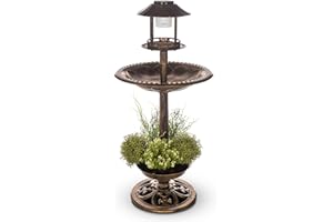 Petlicity Bird Bath and Feeder Station in Ornamental Brass Effect with Planter and Solar Powered Light for Outdoor Garden