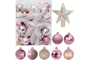 WINWILD 30Pcs Mini Bolas de Navidad con Percha,3CM Pequeñas Bolas de Oro Rosa para Mesa Árbol de Navidad Decoración Set