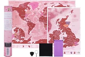 ATLAS & GREEN Atlas&Green - Carte du monde à gratter, A3, format voyage (42 x 29,7 cm) + carte du Royaume-Uni format A4, couleur or rose, avec kit d'accessoires