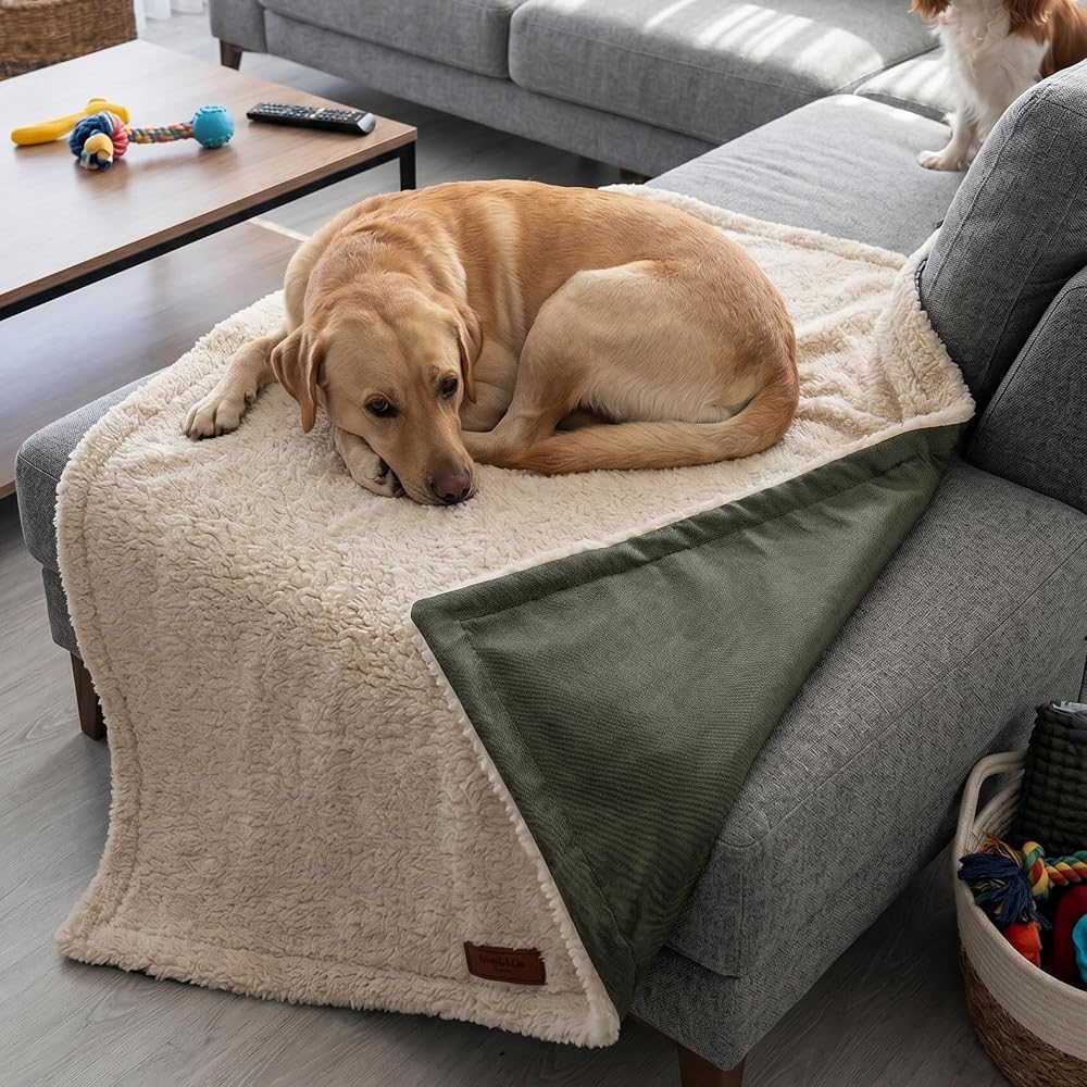 Jungolica Su Geçirmez Çift Taraflı Kedi ve Köpek Battaniyesi - Koltuk & Yatak Koruyucu Örtü, Yumuşak Well-Soft Kumaş, Kolay Temizlenebilir, Ev ve Seyahat Kullanımı (Haki-Krem, Medium 70×100 cm)