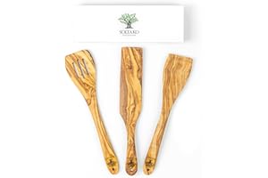 SOLTAKO Utensilios de cocina de madera de olivo, juego de 3 espátulas de cocina de madera antiadherentes, resistentes al calor, accesorios de cocina, aprox. 30 cm