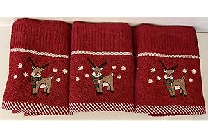 Jansons Direct Linens 100% Cotton 3 Pack Christmas Reindeer Design Kitchen Hand Tea Towels in Red