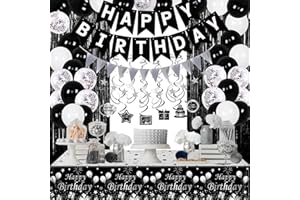 FUWANE Black Birthday Decorations for Men Women, Black and White Party Decorations Boys Girls with Black Happy Birthday Banner Tablecloth Fringe Curtains Streamers Confetti Balloons,Black Bady Party Supplies