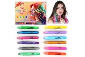 FACEGEM LONDON 12 Hair chalks, 12 NEON & METALLIC hair chalk, Non-Toxic Easy Washable Hair Dye Colourful, METALLIC & NEON hair chalk - Perfect for Festivals, Halloween, Parties, hair chalks for girls