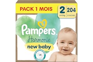 Pampers Harmonie, Taille 2, 204 Couches, 4-8kg, Protection Douce Pour La Peau Avec 100% D’Absorption Pampers, Pack 1 Mois