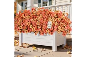 Alupssuc 24 Bundles Autumn Artificial Flowers Outdoor Decorations, Silk Violet Plastic Fake Flower Plants for Hanging Baskets Garden Porch Window Home Vases Wedding Farmhouse Decor, Orange and Red